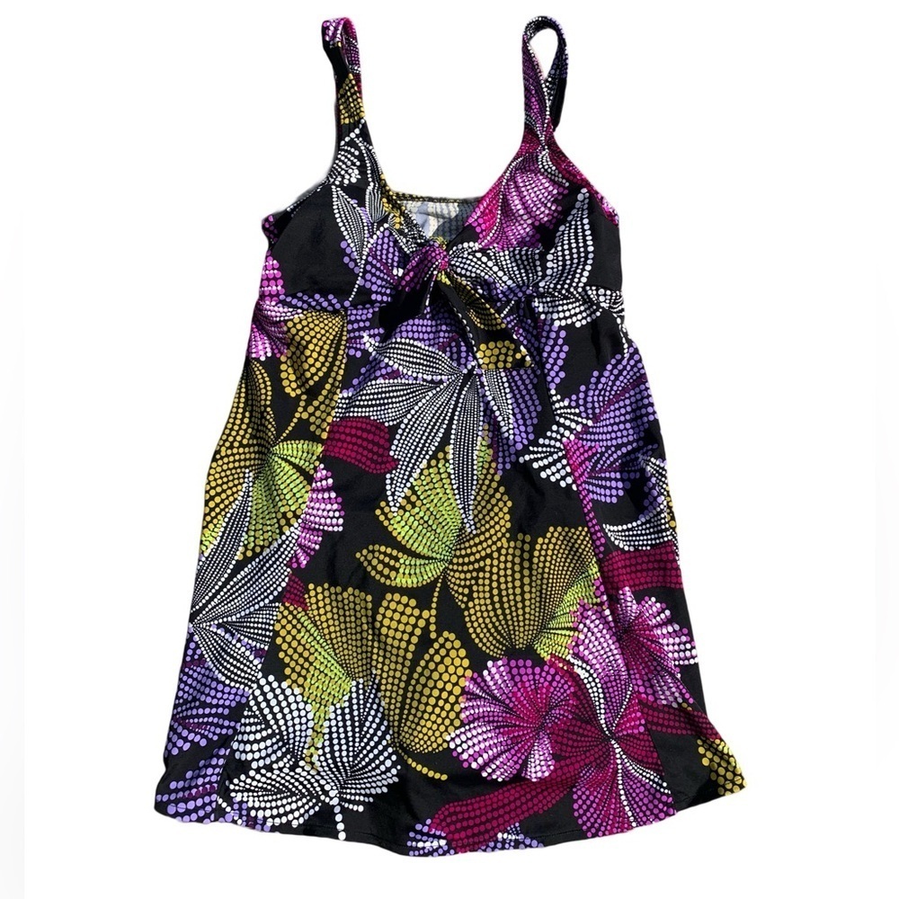 💜 Upstream Black & Multicolor Leaf Print Tankini Top - Size 14